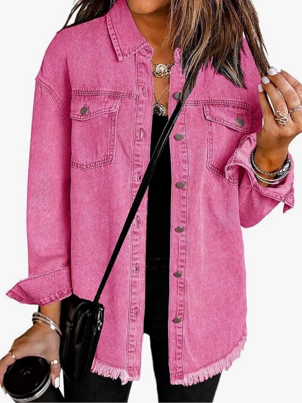 Vibrant Pink Denim Button-Up Jacket with Frayed Hem